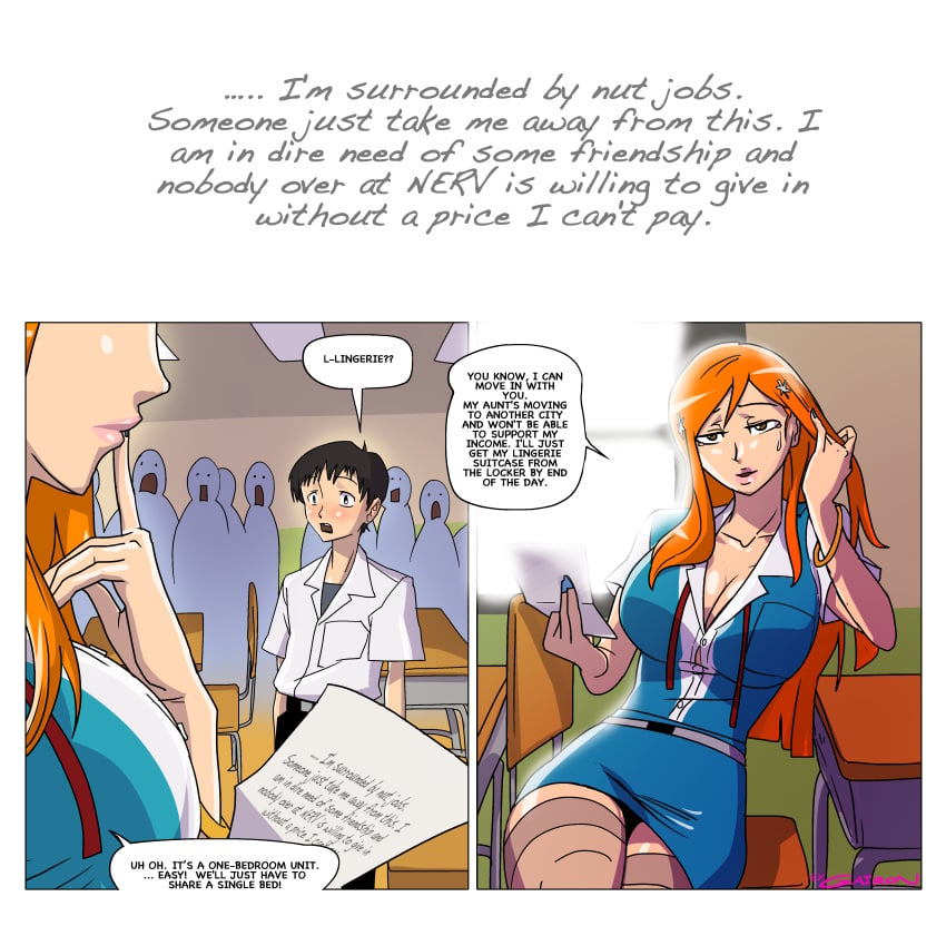 1boy 1girls big_breasts bleach cleavage clothed_female clothed_male crossover gairon inoue_orihime neon_genesis_evangelion orange_hair orange_hair_female school_uniform shinji_ikari shocked_expression shocked_eyes