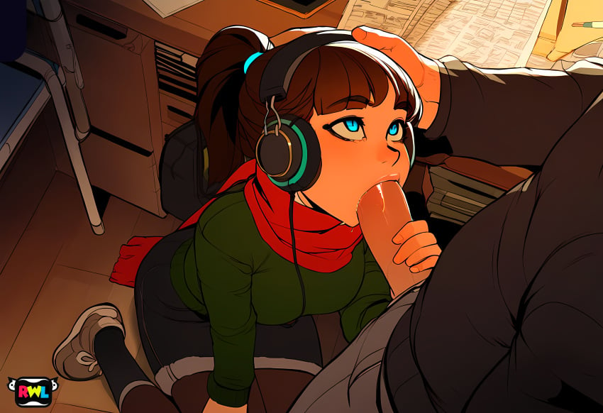 1boy 1girls ai_generated bedroom blowjob blue_eyes brown_hair eye_contact female fringe hand_on_head headpat headphones kneeling lo-fi_beats_to_relax/study_to lofi_girl looking_up oral penis petite ponytail rwl scarf seductive_eyes seductive_mouth sunset teenager