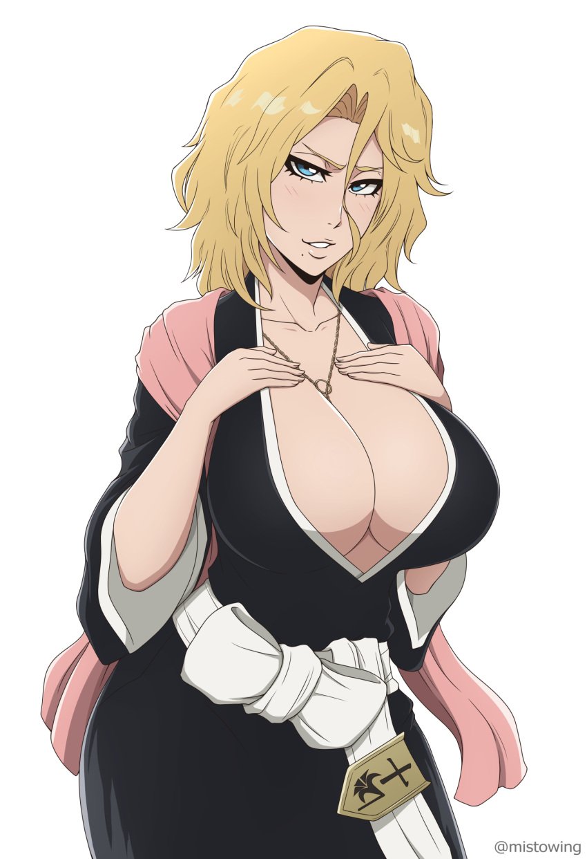 1girls between_breasts black_kimono bleach bleach:_the_thousand-year_blood_war blonde_hair blue_eyes blush breasts chain_necklace cleavage female female_focus highres huge_breasts japanese_clothes jewelry kimono looking_at_viewer matsumoto_rangiku medium_hair mistowing mole mole_under_mouth necklace pink_scarf scarf solo voluptuous