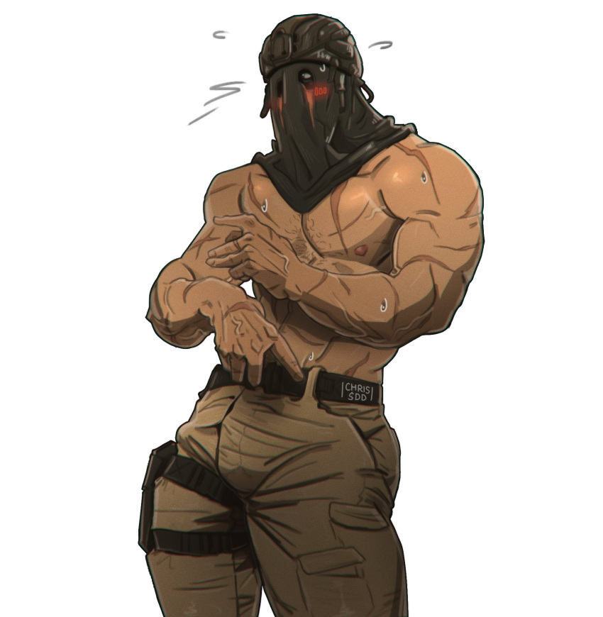 1boy 1man arm_veins belt blush blush_lines call_of_duty call_of_duty_modern_warfare_2_(2022) chest_hair chrissdd helmet konig looking_away looking_away_from_viewer male male_only masked_male military muscular_male nipples pants scars scars_all_over shirtless shirtless_male sweating thick_thighs thigh_garter vein veins