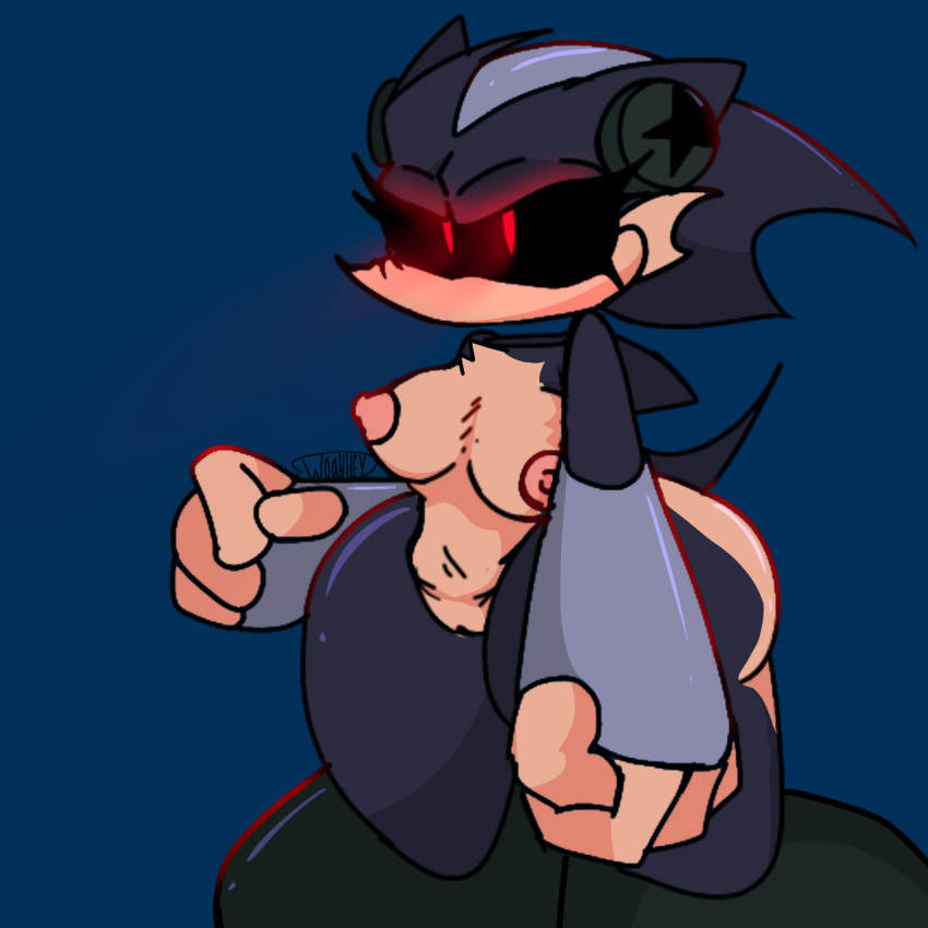 ass big_ass big_breasts big_hands black_eyes blue_body breasts female headphones hedgehog hedgehog_girl metal metallic_body naked naked_female nipples oc pussy red_eyes sonic_oc sonic_the_hedgehog stern_expression