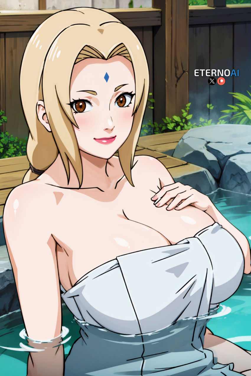 1girls accurate_art_style ai_generated artist_name bathhouse bathing big_breasts blonde_hair breast_focus breasts breasts_bigger_than_head brown_eyes busty cleavage commentary eternoai female female_only hot_spring in_water large_breasts light-skinned_female light_skin lipstick looking_at_viewer makeup mature mature_female mature_woman mommy naked_towel naruto naruto_(series) naruto_shippuden onsen oppai partially_submerged patreon_username sagging_breasts solo solo_focus termal_water text top_heavy towel towel_only tsunade twitter_username url voluptuous voluptuous_female water watermark web_address white_towel