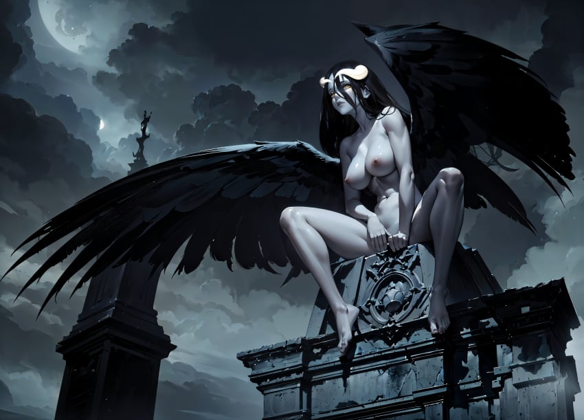 1girls ai_generated albedo_(overlord) black_hair breasts female goth gothic horns naked naked_female nipples overlord_(maruyama) petite playfulslothh skinny slim succubus succubus_horns succubus_wings teenager wings