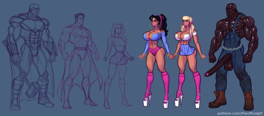 bimbo bimbofication black_hair blonde_hair brunette clark_kent dark-skinned_male dark_skin dc dc_comics gender_transformation genderswap_(mtf) gigantic_penis high_heels huge_ass huge_breasts interracial john_henry_irons kara_zor-el large_breasts large_lips model_sheet nipples rule_63 simple_background sketch steel_(dc) supergirl superman superman_(series) tagme theofficialpit