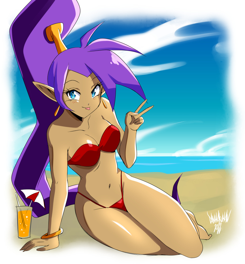 1girls 2022 :p absurd_res absurdres armwear beach bikini bikini_bottom bikini_top blue_eyes blush bottomwear bracelet breasts cleavage danmakuman ear_piercing earrings female female_only glass hair high_resolution highres hips medium_breasts peace_sign pointy_ears ponytail purple_hair red_bikini shantae shantae_(character) smile solo solo_female swimwear thighs tongue tongue_out topwear