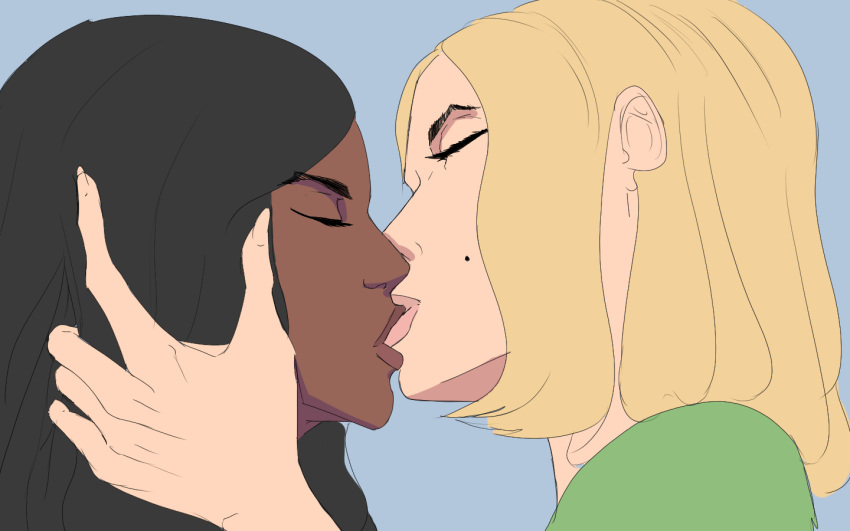 2girls black_hair blonde_hair blue_eyes closed_eyes dark-skinned_female female female_only green_clothing interracial kissing light-skinned_female simple_shading two_girls wojak yuri zeaery