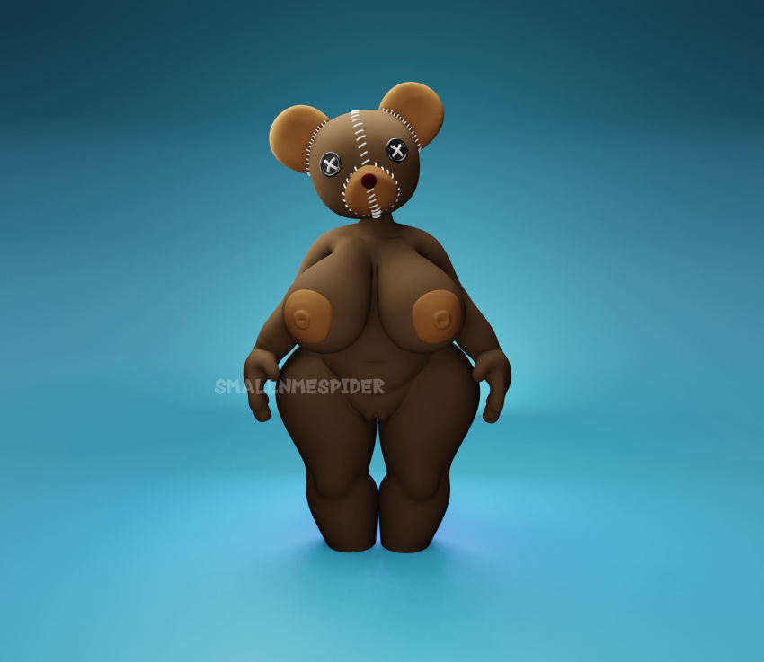 animate_inanimate anthro ass bear big_breasts big_butt breasts brown_body button_eyes clothing doll female fur genitals hi_res humanoid living_plushie looking_at_viewer mammal nipples plushie pussy short_stack simple_background smallnmespider solo teddy_bear thick_thighs underwear ursine