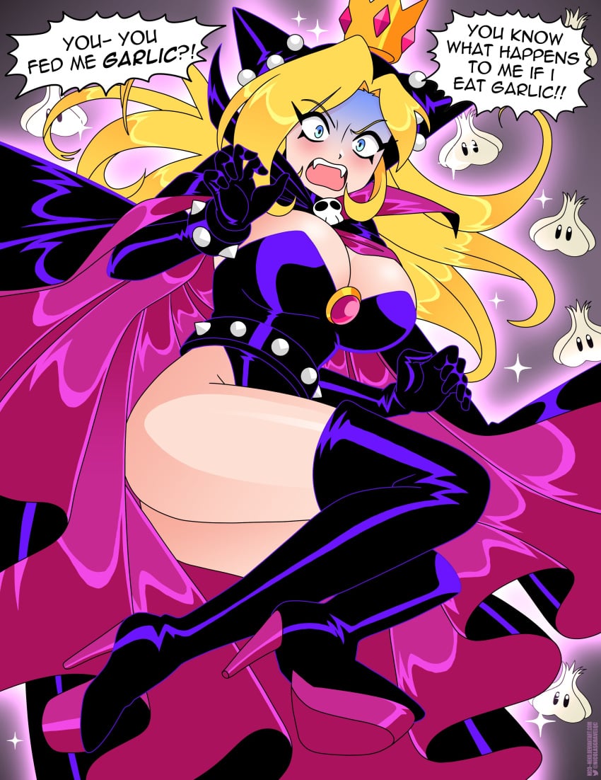 1girls ass bangs big_ass big_breasts blonde_female blonde_hair blue_eyes boots breasts cape cleavage clothing crown cute disgusted english_text fangs female female_only full_body gloves leotard mario_(series) mario_tennis nicolasgravelqc nintendo platform_heels shocked shocked_expression skull solo speech_bubble tagme text thick_thighs thigh_boots thighhighs voluptuous wapeach wide_hips