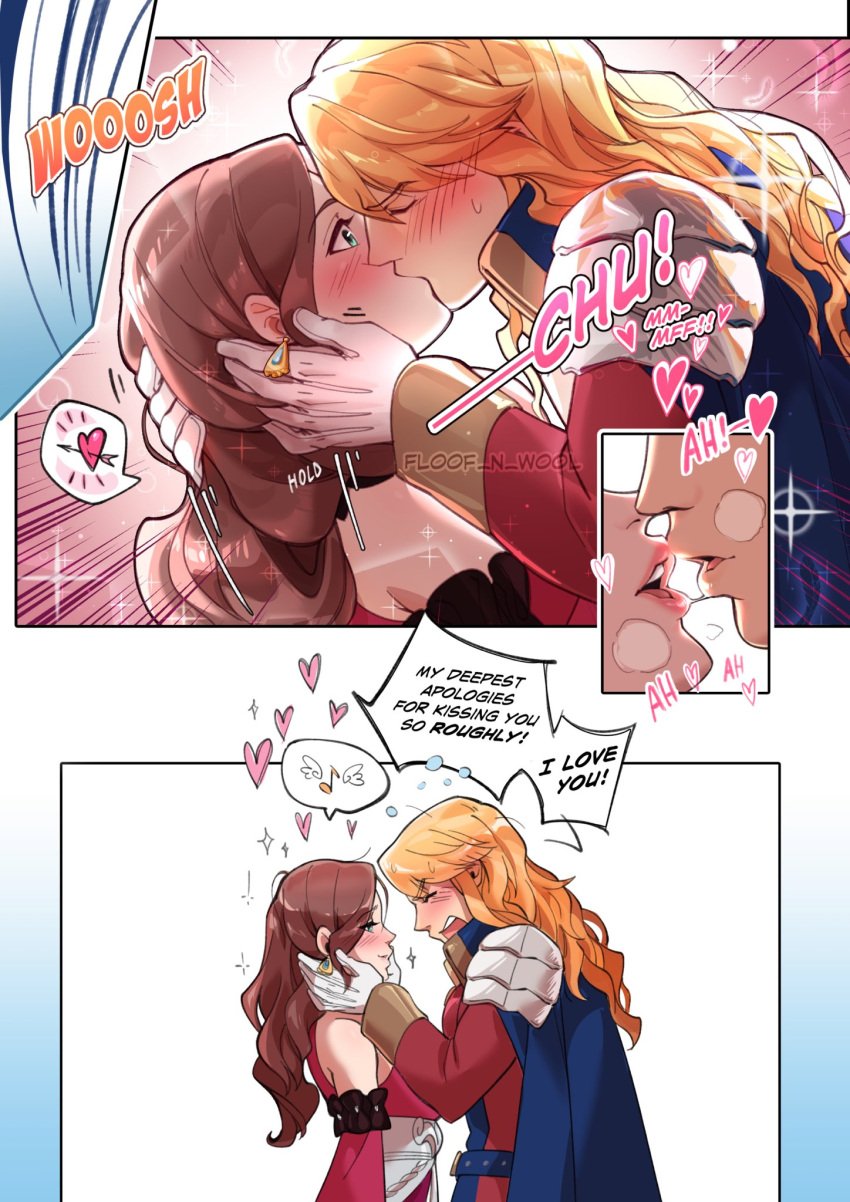 1boy 1girls apologizing blush brown_hair dorothea_arnault english_text ferdinand_von_aegir fire_emblem fire_emblem:_three_houses floof_n_wool green_eyes holding_partner kissing making_out nintendo orange_eyes orange_hair passionate regret saliva_trail surprise_kiss surprised text wholesome