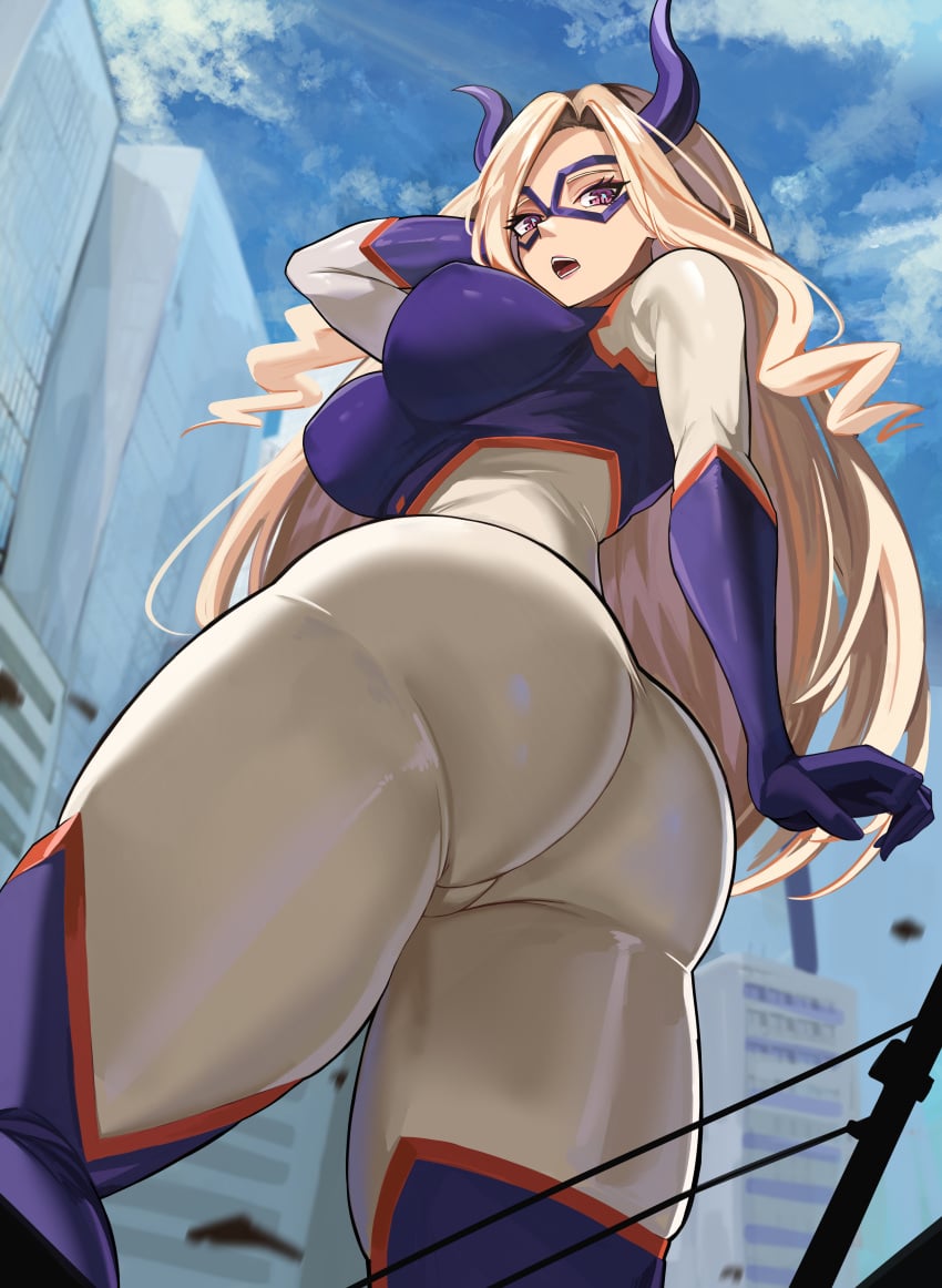 1girls absurd_res ass ass_focus back_view big_ass blonde_female blonde_hair breasts curvy female_only fully_clothed giantess hero_outfit_(mha) hi_res horns large_ass looking_at_viewer looking_back looking_down loooyd mount_lady my_hero_academia pink_eyes solo superheroine thick_thighs tight_clothes tight_clothing tight_fit yuu_takeyama