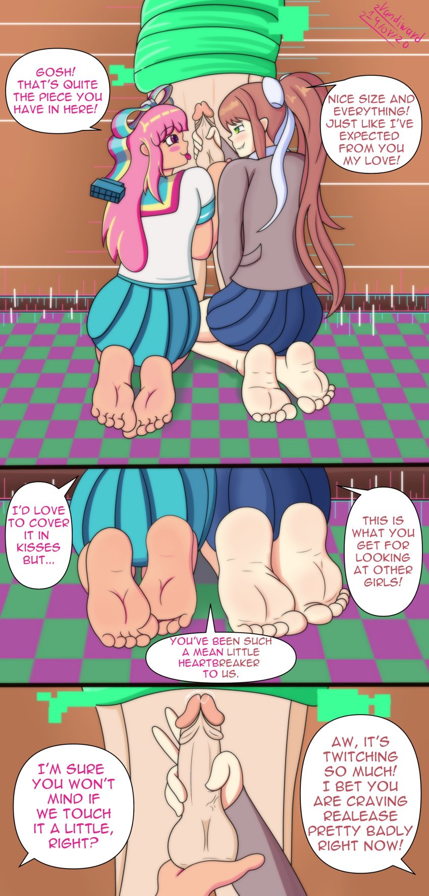 1boy 2girls balls barefoot bdsm bondage brown_hair clothed_female_nude_male comic crossover dialog dialogue dip_(vandiward) dirty_talk disney disney_channel doki_doki_literature_club domination dominatrix english_text exposed_penis feet feet_together feet_up female femdom foot_fetish foot_focus giffany gravity_falls green_eyes hand_on_penis handjob male malesub masturbation monika_(doki_doki_literature_club) multiple_girls penis penis_out pink_hair precum school_uniform schoolgirl soles tease teasing text threesome tied_hair tied_up toes vandiward_(artist)