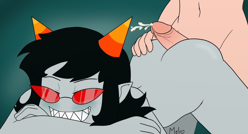 1boy 1girls 2020 ass ass_grab ass_up ballisticmel black_hair blush buttjob cum cumshot glasses grey_skin homestuck horns ms_paint_adventures nude penis pointy_ears sharp_teeth short_hair smile straight teal_background terezi_pyrope troll white_skin