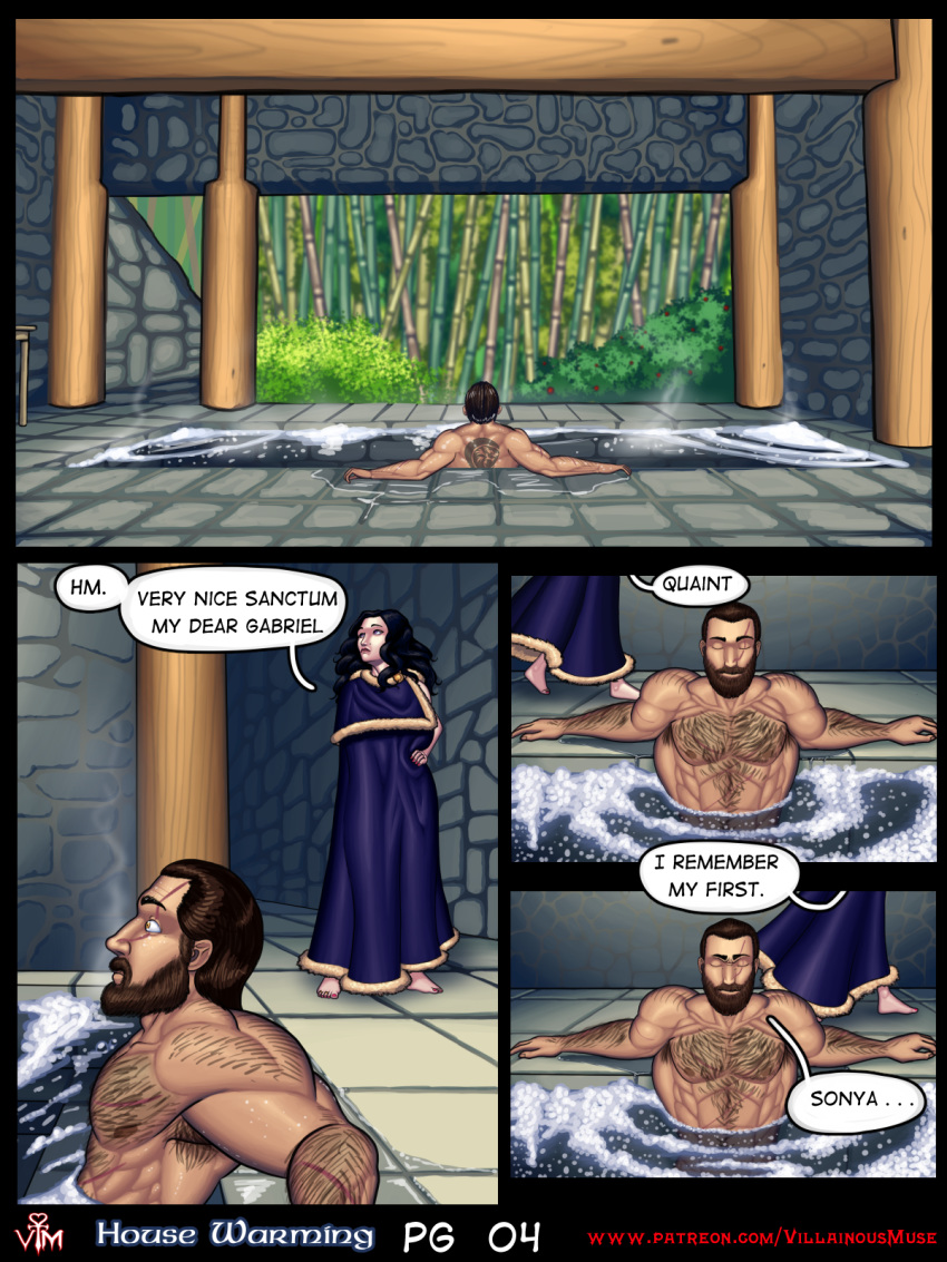 bath bathhouse bathing chest_hair comic dialogue english_text female male page_4 scars sonya_(villainous_muse) villainous_muse