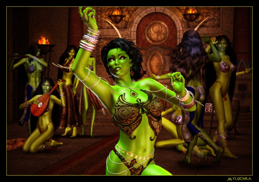 2015 3d abs alien black_hair dancer dancer_outfit dancing femsub green_skin harem harem_girl harem_outfit jewelry multiple_females mylochka original_character orion_(species) orion_slave_girl slave slave_outfit slavegirl star_trek submissive_female