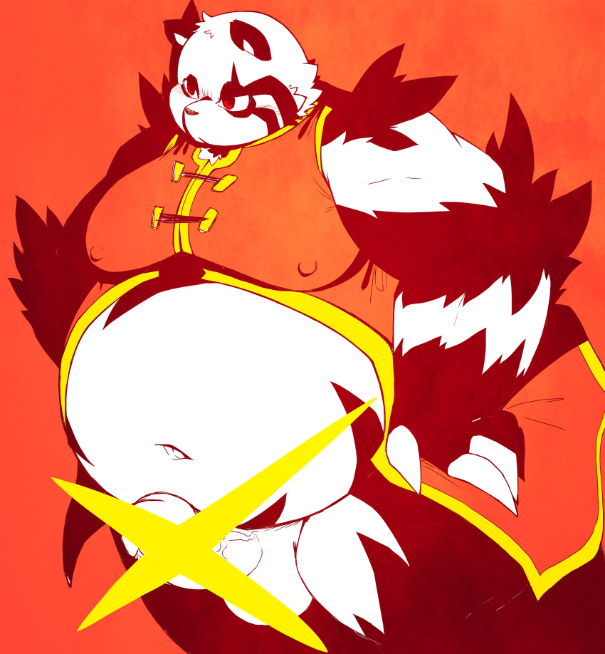 2020 absurd_res anthro balls belly censored chiro_(artist) clothed clothing erection fanfan fur genitals giant_panda hi_res kemono male male_only mammal navel overweight overweight_anthro overweight_male penis red_background simple_background solo ursid white_body white_fur