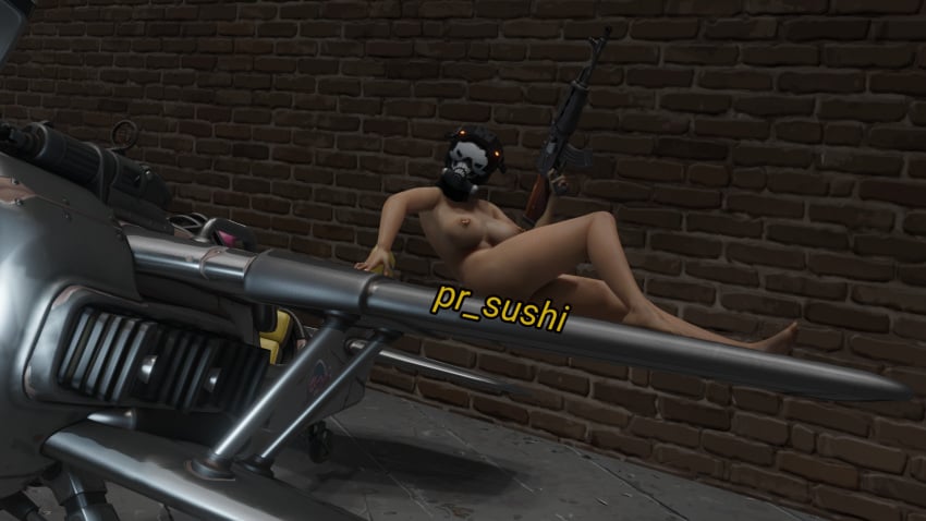 1girls 3d ak47 big_breasts breasts brick_wall fortnite gun laying_down laying_on_object masked nipple_piercing nude nude_female plane pose posing pr_sushi rule_63 supersonic_(fortnite) tagme