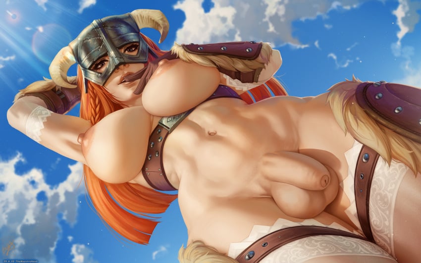 1futa areolae balls big_balls_small_penis breasts curvy dickgirl dovahkiin dragonborn erect_nipples flaccid flaccid_penis foreskin from_below functionally_nude futa_only futa_sans_pussy futanari ginger hand_behind_head helmet hi_res highres horned_helmet huge_breasts large_balls muscular_futanari nipples nude pale_skin penis skyrim small_penis solo solo_futa the_elder_scrolls themaestronoob uncircumcised viking wide_hips