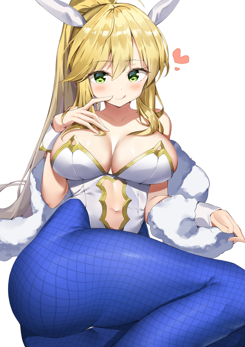 1girls :q absurdres animal_ears artoria_pendragon artoria_pendragon_(lancer) artoria_pendragon_(swimsuit_ruler) ass bangs bare_shoulders blonde_hair blue_legwear blush breasts bunny_ears bunnysuit cleavage collarbone detached_collar eyebrows_visible_through_hair fate/grand_order fate_(series) female female_only fishnet_legwear fishnets green_eyes heart highres large_breasts leotard long_hair looking_at_viewer lying navel navel_cutout pantyhose ponytail sidelocks simple_background smile sog-igeobughae solo strapless strapless_leotard tongue tongue_out white_background white_leotard wrist_cuffs