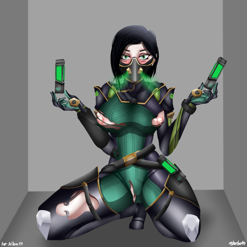 big_breasts gas_mask green_eyes green_smoke kneeling mask masked ripped_clothes ripped_clothing smoke sterbethtrap tagme valorant viper_(valorant)