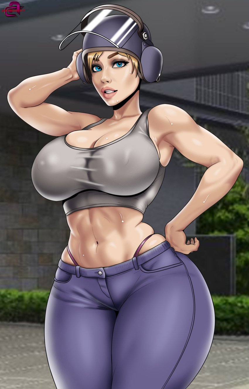 big_breasts blonde_hair blue_eyes curvy ed_product iq iq_(rainbow_six) jeans lips panties rainbow_six_siege skin_tight skindentation sweat tactical thick_thighs thong toned_arms wide_hips