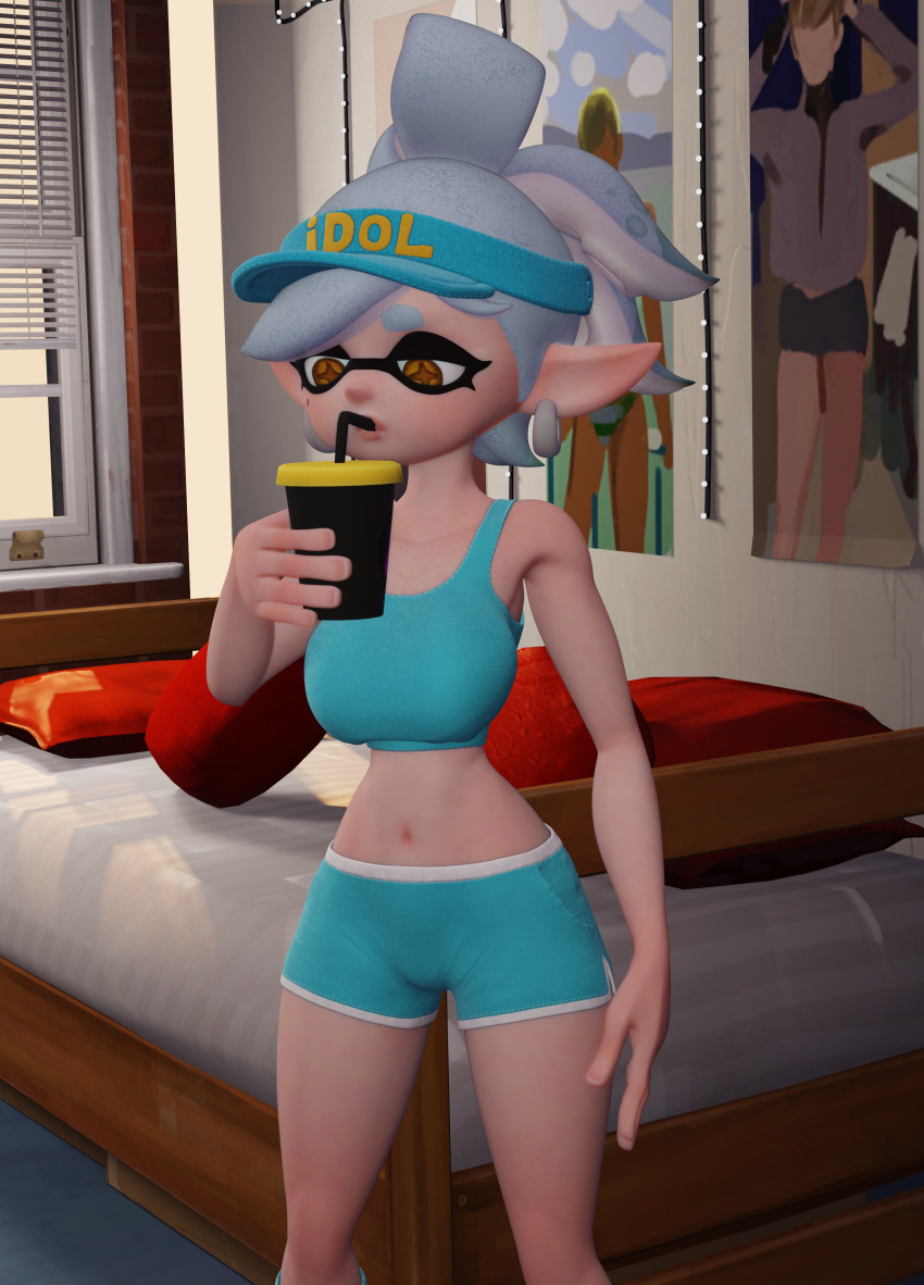 1girls 2020 3d bed bedroom booty_shorts breast_expansion clothing crop_top cup drinking ear_piercing female headgear inkling marie_(splatoon) marie_(wo262) mole mole_under_eye pillow pointy_ears short_hair shorts solo splatoon sports_bra straw tentacle_hair thesupermon visor white_hair white_skin wo262_(3d_model_style) yellow_eyes
