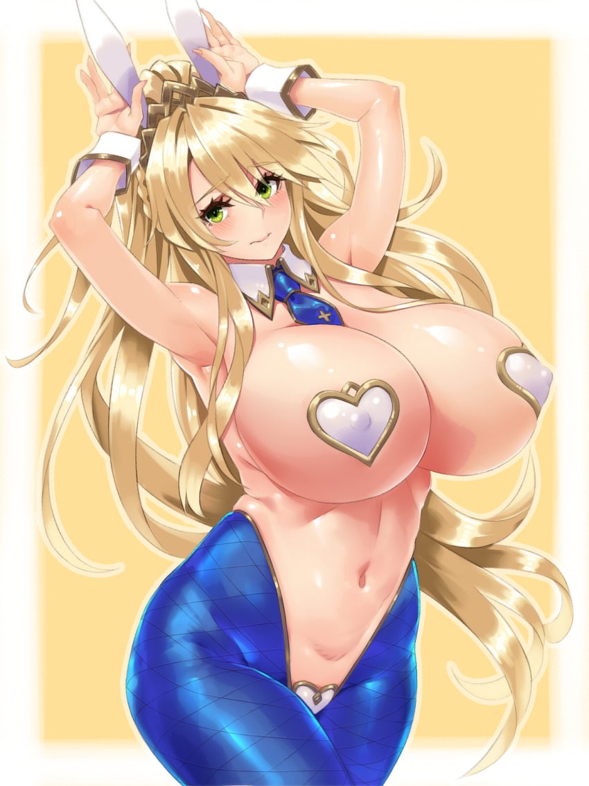 1girls ahoge animal_ears armpits arms_up artoria_pendragon artoria_pendragon_(lancer) artoria_pendragon_(swimsuit_ruler) bangs blonde_hair blue_legwear blue_neckwear blush breasts bunny_ears bunny_pose detached_collar embarrassed erect_nipples fate_(series) female female_only fishnet_legwear fishnets green_eyes hair_between_eyes hayama_kazusa heart_pasties highres huge_breasts large_breasts long_hair looking_at_viewer maebari meme_attire navel pasties ponytail revealing_clothes reverse_bunnysuit reverse_outfit sidelocks smile solo tiara wrist_cuffs yellow_background