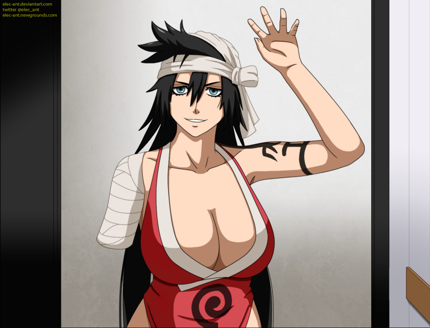 1girls amputee bandages before_sex black_hair bleach blue_eyes breasts deep_cleavage elec-ant headwrap imminent_sex kukaku_shiba large_breasts light_skin long_hair looking_at_viewer messy_hair missing_arm smile tattoo waving