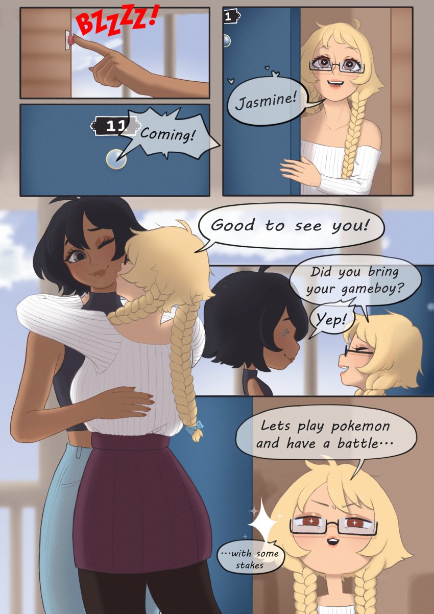 2girls abigail_lindstrom big_breasts braided_hair cheek_kiss comic dark-skinned_female female female_only full_color gardnerverse glasses hug hugging jasmine_noir peachkuns speech_bubble tagme twin_braids yuri