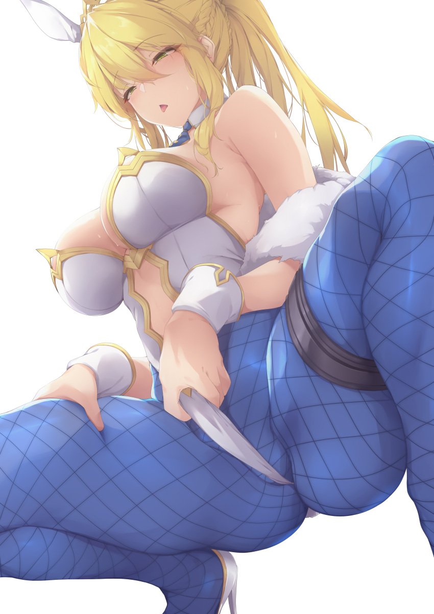 1girls absurdres ahoge animal_ears artoria_pendragon artoria_pendragon_(lancer) artoria_pendragon_(swimsuit_ruler) ass bangs blonde_hair blue_legwear blue_neckwear blush braid breasts bunny_ears bunnysuit detached_collar fate/grand_order fate_(series) female female_only fishnet_legwear fishnets french_braid frontal_wedgie green_eyes heels high_heels highres kana616 large_breasts leotard long_hair navel_cutout open_mouth ponytail solo squatting sweat tongue tongue_out white_leotard wrist_cuffs