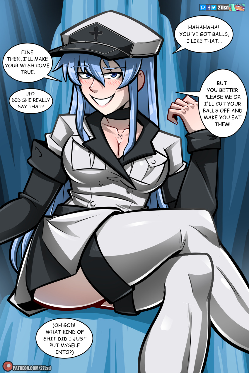 27lsd akame_ga_kill! big_breasts blue_eyes blue_hair esdeath_(akame_ga_kill!) parody_porn skirt thick_thighs uniform