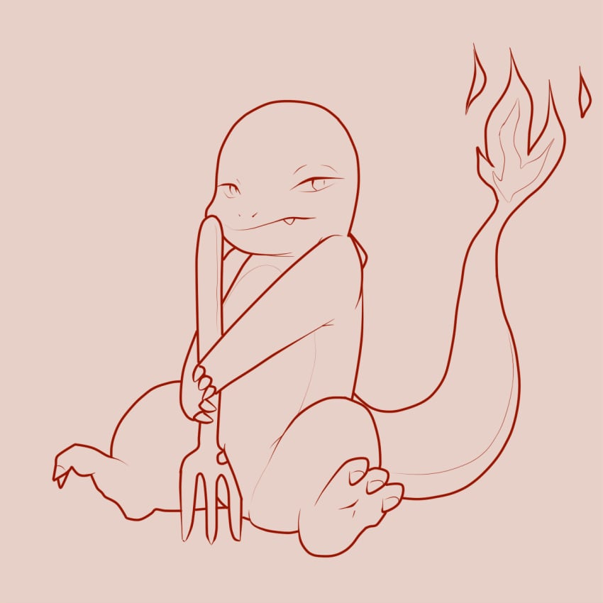 9_6 charmander female female_only fire fork monochrome nintendo pokémon_(species) pokemon pokemon_rgby solo tail tail_fire