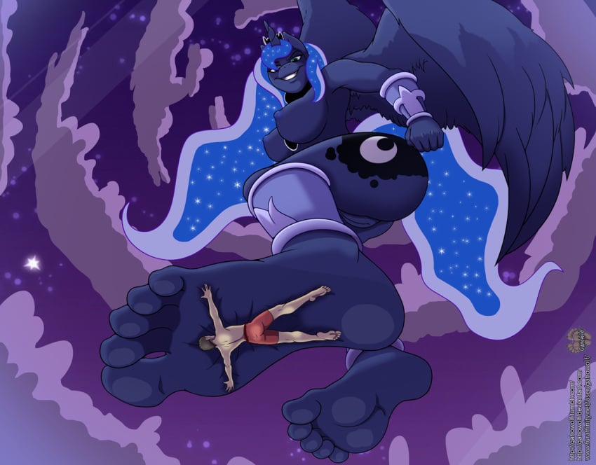 2018 alicorn anthro anthrofied breasts clothing cutie_mark digital_media_(artwork) duo equine feathered_wings feathers feet female friendship_is_magic gahowolf grin hair horn human humanoid_feet macro male mammal my_little_pony night princess_luna_(mlp) pussy smile soles wings