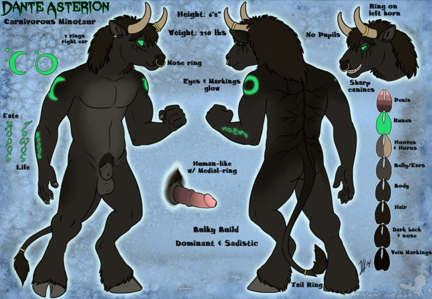 anthro balls black_fur bull clenched_teeth fur genitals green_eyes horns linsey_huish male male_only model_sheet muscular muscular_anthro muscular_male open_mouth penis sidian simple_background smile solo tail teeth