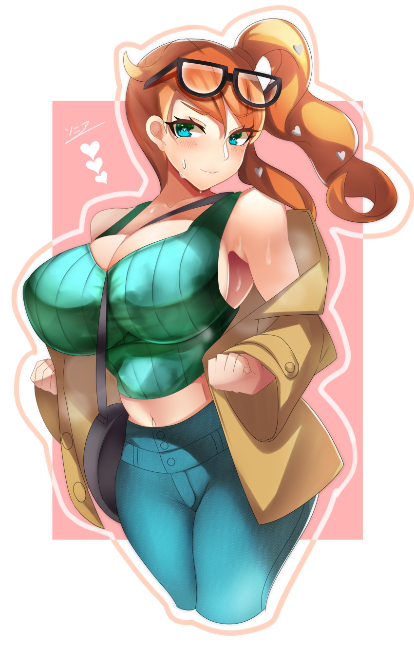 1girls alternate_breast_size big_breasts eyewear_on_head female glasses glasses_on_head huge_breasts human large_breasts long_hair nintendo orange_hair pale-skinned_female pale_skin pants pokemon pokemon_ss ponytail side_ponytail sonia_(pokemon) sweat tea_texiamato