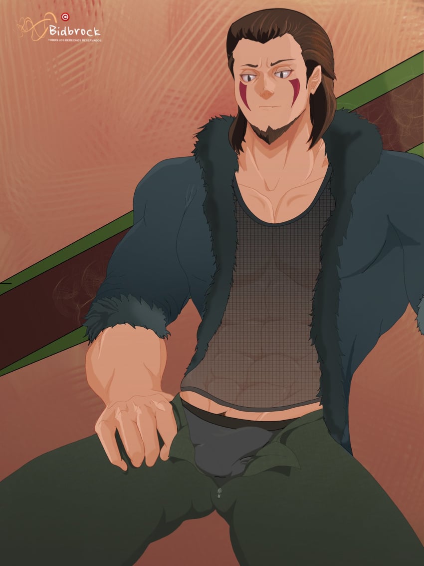 1boy abs bara beard bidbrock boruto:_naruto_next_generations bulge clothed clothing facepaint facial_hair fishnet_shirt fishnets flaccid fully_clothed goatee inuzuka_kiba jacket long_hair male male_only mature mature_male muscles muscular muscular_male naruto naruto_(series) pecs pose posing solo solo_male standing tan_skin uncensored