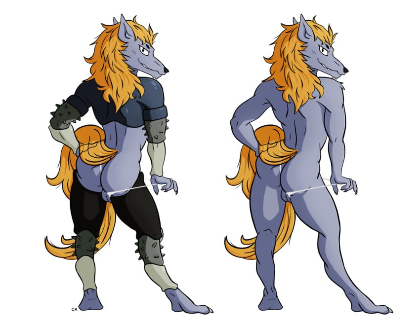 1male 2020 anthro armband armor backsack balls black_clothing black_legwear black_nose blonde_hair blue_balls blue_body blue_clothing blue_fur blue_topwear bottomwear breastplate canid canine canis claws clothing connivingrat fangs female finger_claws fur genitals grey_armband grey_balls grey_body grey_fur grey_legband grin hair hand_on_hip hunter_x_hunter legband legwear long_hair male male_only mammal midriff multiple_poses pose rear_view simple_background smile solo solo_male spiked_armband spiked_legband spikes standing toe_claws topwear undressing welfin_(hunter_x_hunter) white_background white_bottomwear white_claws white_clothing wolf yellow_body yellow_fur