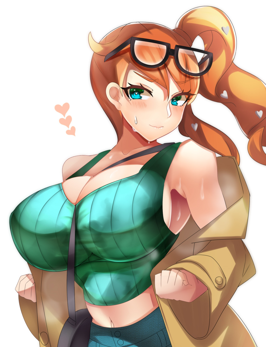 1girls alternate_breast_size big_breasts eyewear_on_head female glasses glasses_on_head huge_breasts large_breasts long_hair nintendo orange_hair pale-skinned_female pale_skin pokemon pokemon_ss ponytail side_ponytail sonia_(pokemon) sweat sweater tea_texiamato white_background