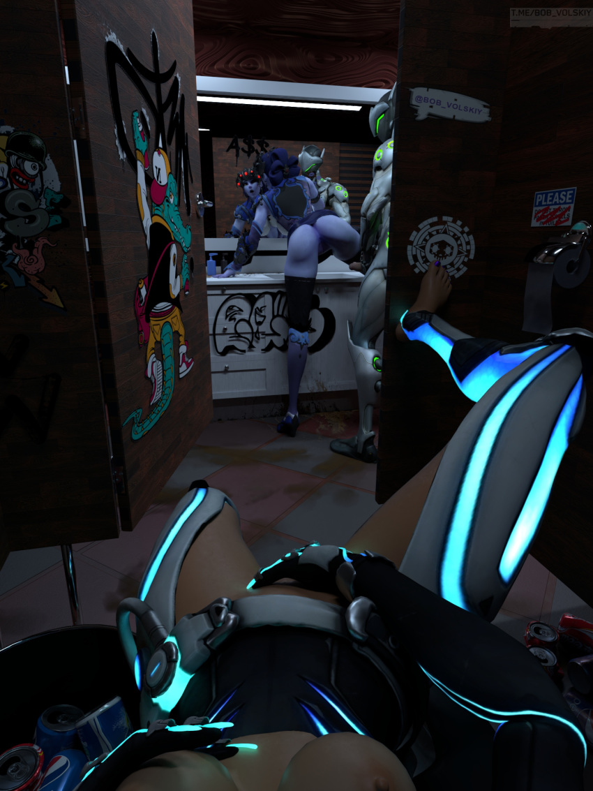 1boy 2girls 3d bobvolskiy cabin cyberspace_sombra female genji male multiple_girls overwatch public public_sex sombra toilet_paper toilet_seat trash trash_can widowmaker