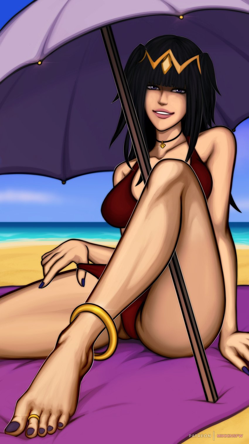 1girls anklet ass bare_legs bare_thighs beach big_breasts bikini black_hair come_hither feet female fire_emblem fire_emblem_awakening grabbing grin lips long_hair looking_at_viewer medium_hair mikki-nsfw nintendo ocean purple_eyes purple_nails purple_toenails red_bikini red_swimsuit ring sand seaside seductive seductive_smile smile solo solo_female swimsuit teasing tharja_(fire_emblem) thighs toe_ring towel umbrella undressing water