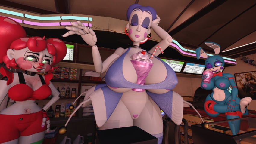 3d 3d_(artwork) 3d_model 3girls baby_(fnafsl) ballora ballora_(fnafsl) ballora_(spiderjunior10) blue_eyes breasts circus_baby circus_baby_(fnaf) closed_eyes diner dinner drinking_straw five_nights_at_freddy's five_nights_at_freddy's:_sister_location fnaf green_eyes hand_on_hair heart-shaped_pupils heart_eyes holding_leg ice_cream large_breasts looking_at_viewer looking_away love_heart_eyes pink_nipples public restaurant scottgames sister_location so87baby spiderjunior10 summer_baby summer_of_87_baby sunday toy_bonnie_(fnaf) winking_at_viewer