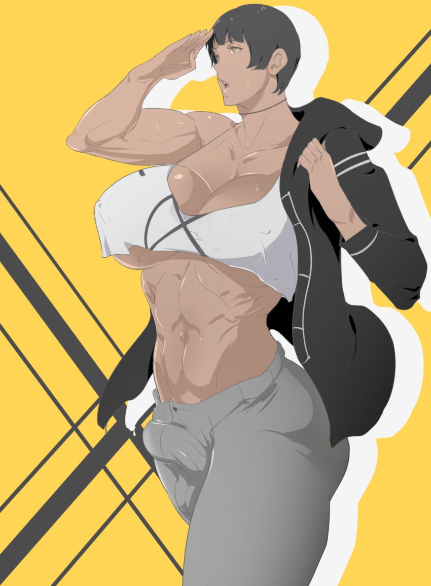 1futa balls big_breasts big_penis black_hair breasts bulge clothed clothing dark-skinned_futanari dark_skin flaccid fully_clothed futa_only futanari human muscular muscular_futanari navel penis penis_under_clothes short_hair solo standing tenchizone tomboy underboob