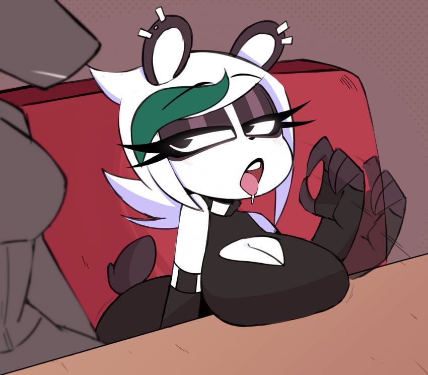 anthro big_breasts blowjob_gesture breasts drooling duo female nelljoestar panda prostitution sexually_suggestive solo_focus