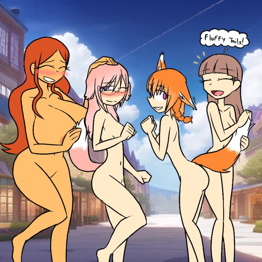 4girls ass breasts brown_hair clara_garcia cleavage covering covering_breasts covering_crotch dog_ears dog_girl dog_tail exhibitionism female female_only fox_ears fox_girl fox_tail glasses hope_(thereaperproject) human humanoid jazz_(pv720) joana_jimenez large_breasts long_hair nairod103098 navel nipple_peek nude nude_female pink_hair public public_nudity short_hair small_breasts tagme tail