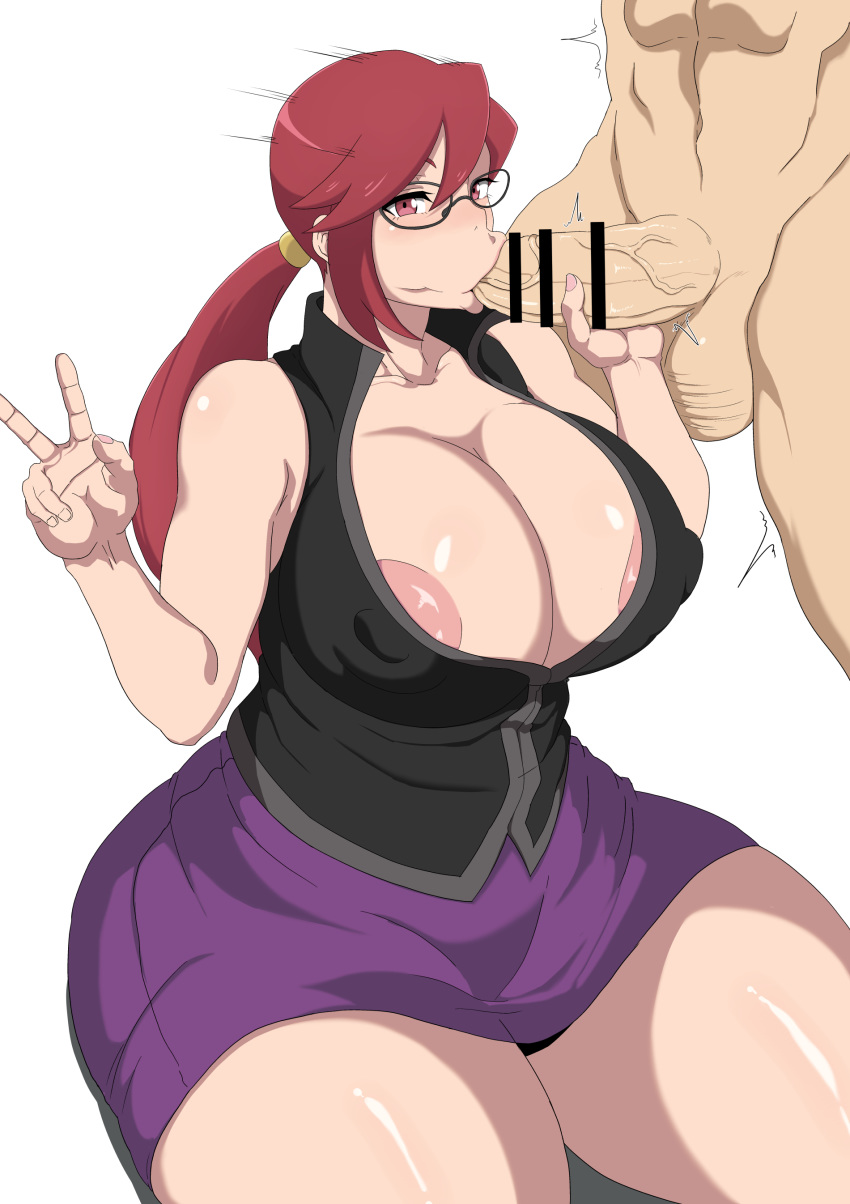 1boy 1girls areolae big_breasts blowjob censor_bar censored clothed_female_nude_male elite_four eye_contact fellatio fellatio_gesture fingernails glasses hair_tie huge_breasts huge_thighs large_breasts long_hair looking_at_viewer lorelei_(pokemon) lorelei_(pokemon_frlg) nintendo oral oryuto pale-skinned_female pale-skinned_male pale_skin pink_nails pokemon pokemon_rgby red_eyes red_hair skirt thick_thighs voluptuous white_background wide_hips