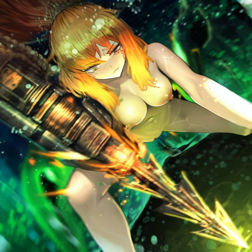 1girls big_breasts edit fight freckles freckles_on_face ginger ginger_hair harpoon ishmael_(limbus_company) limbus_company long_hair nude orange_hair project_moon upscaled wet