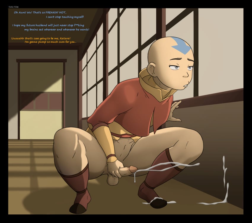 1boy aang air_nomad airbender_tattoo avatar_legends avatar_the_last_airbender balls bottomless_male cum cum_on_wall eye_roll gay hiding male male_only masturbating masturbation penis skinny sock_vivian solo squatting the_avatar young