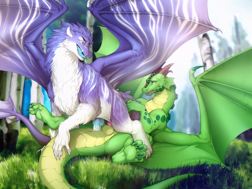 4:3 anal animal_genitalia animal_penis balls detailed_background dragon duo feral fur genitals grass hexdragon hi_res horn knot male male/male mutual_anal_penetration mutual_penetration okdrsutsu penis trance_(dragon) wings