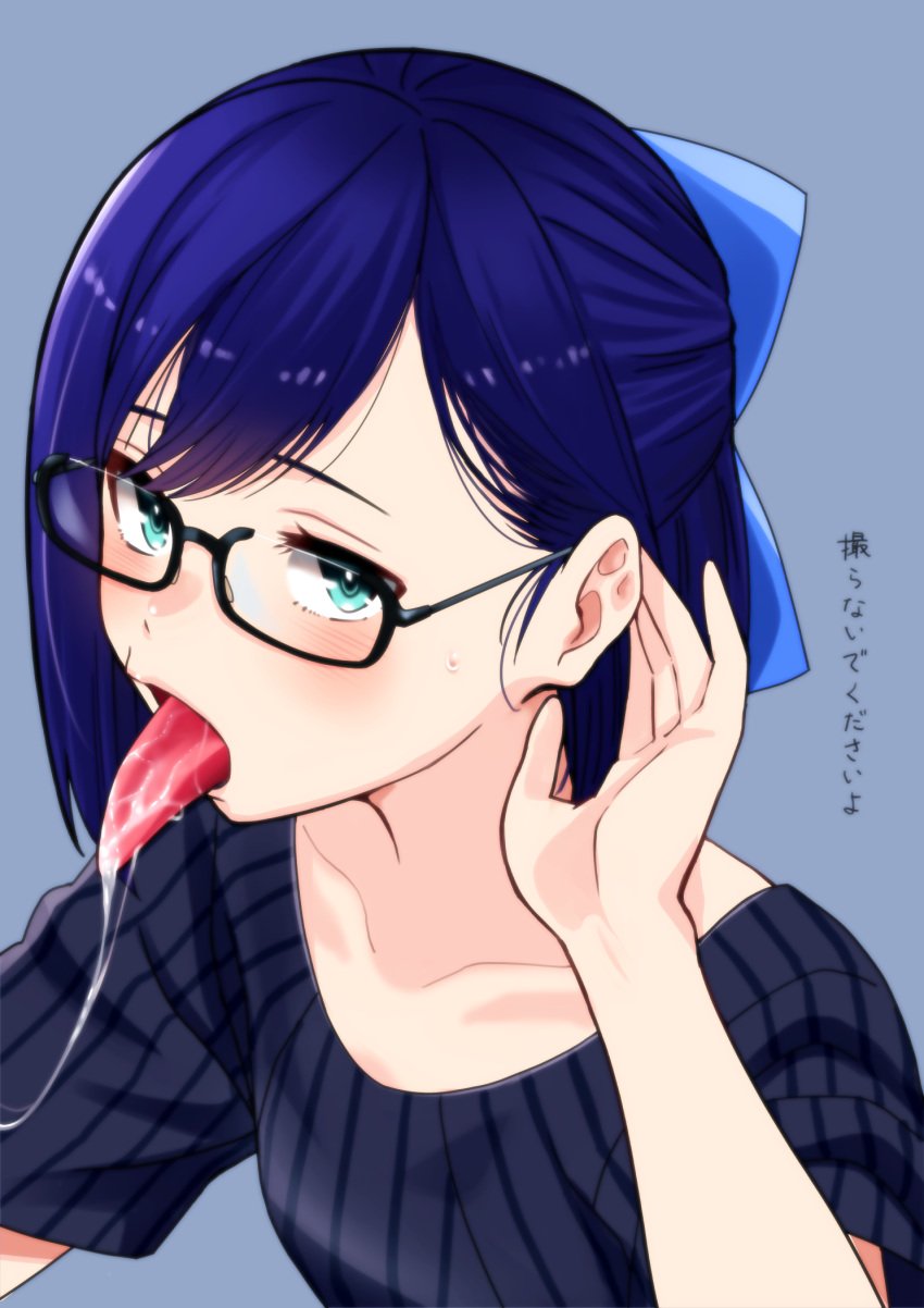 1girls a-chan_(2nd_costume)_(hololive) a-chan_(hololive) black-framed_eyewear blue_bow blue_eyes blue_hair blush bow collarbone cum cum_in_mouth cum_on_tongue cum_string female glasses grey_shirt hair_behind_ear highres hololive hololive_staff looking_at_viewer open_mouth ribbed_shirt shirt short_hair short_sleeves solo suggestive_fluid sweatdrop swept_bangs tongue tongue_out tucking_hair upper_body virtual_youtuber zabudog777