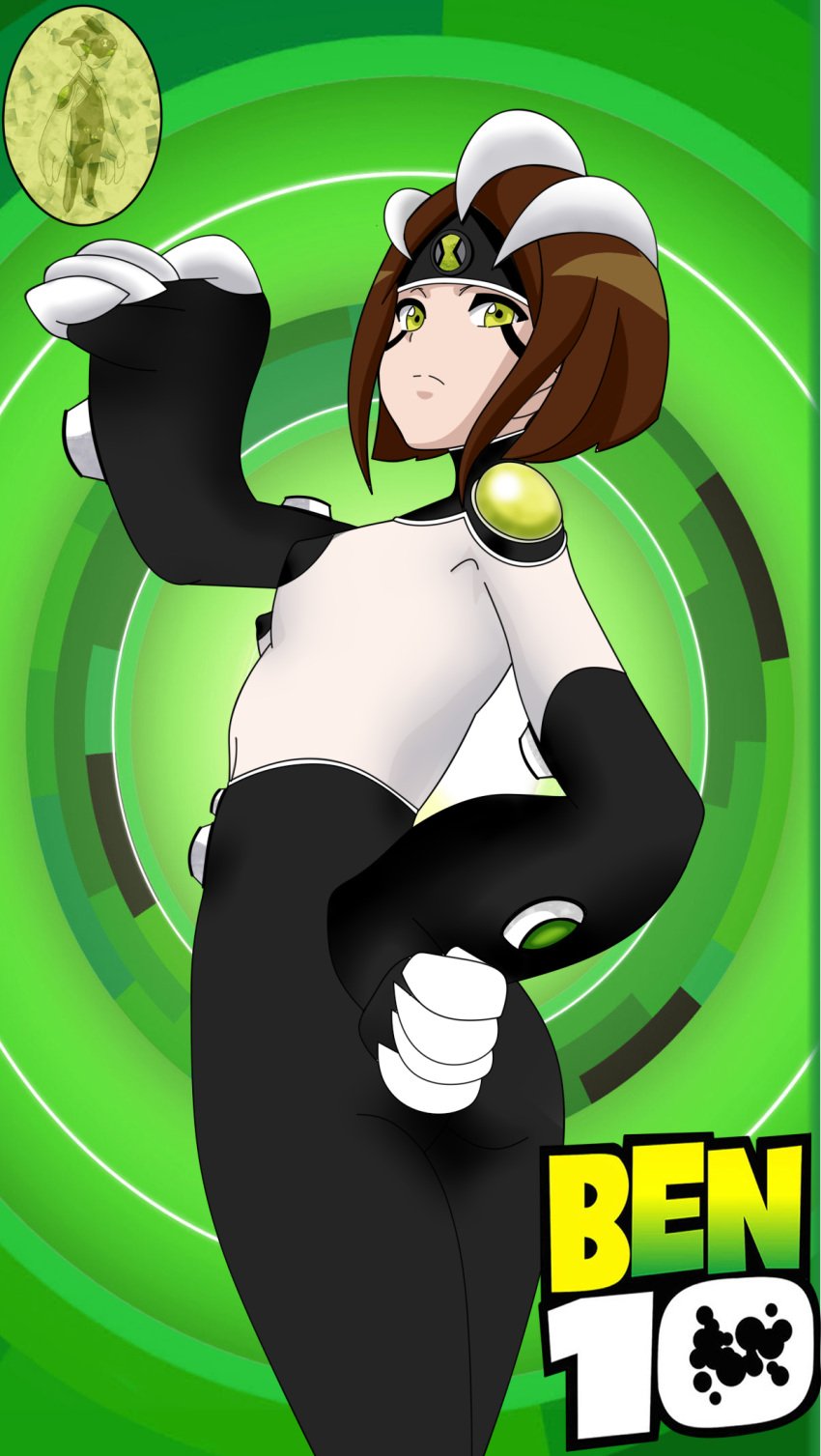 ass ben_10 ben_tennyson bodysuit ditto_(ben_10) female female_ben gender_transformation green_eyes maudxie medium_breasts mtf_transformation omnitrix rule_63 short_hair splixson transformation