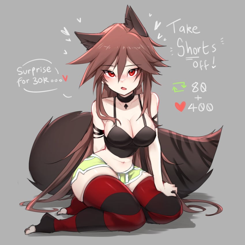 1girls black_top blush breasts brown_hair choker cleavage cry_(crydiaa) crydiaa dolphin_shorts english_text green_shorts kneeling looking_at_viewer navel original red_eyes shorts solo solo_female solo_focus strip_game striped_thighhighs tail thighhighs wolf_ears wolf_girl